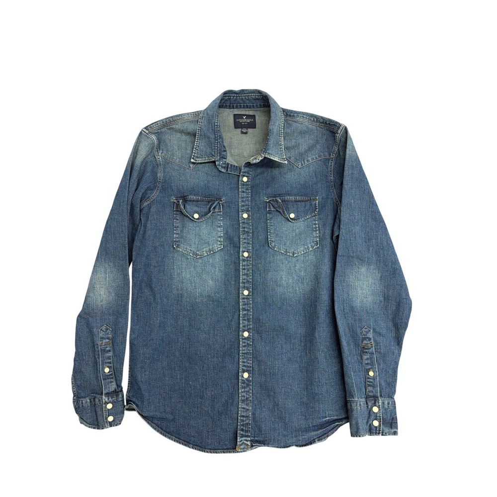 American Eagle Mens Western Denim Shirt Medium Wash Pearl Snap Blue Large L